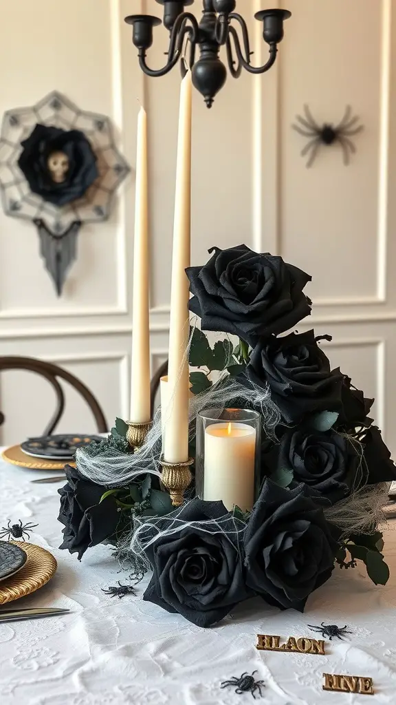 Halloween centerpiece featuring black roses, candles, and spider decorations