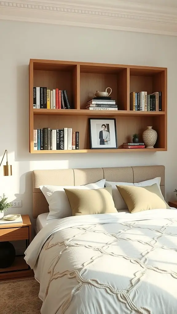 A stylish bedroom featuring a headboard with built-in shelves, showcasing books and decorative items above a neatly made bed.