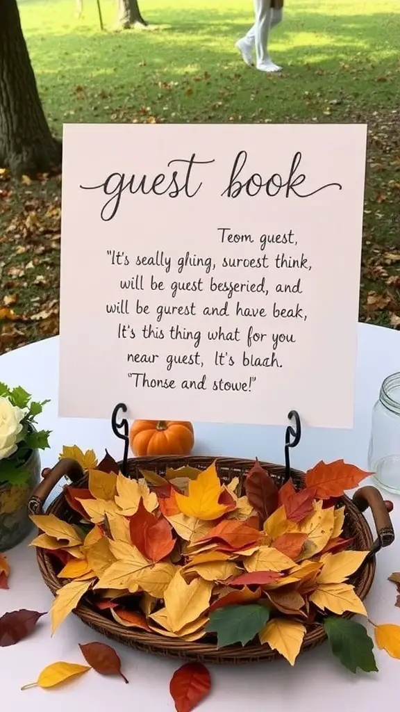 A creative guest book alternative with a sign encouraging guests to write on colorful autumn leaves placed in a basket.