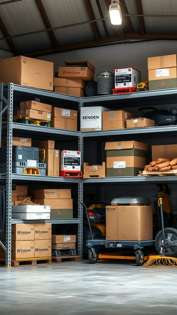 A garage with heavy-duty steel shelves filled with boxes and tools, showcasing organized storage.