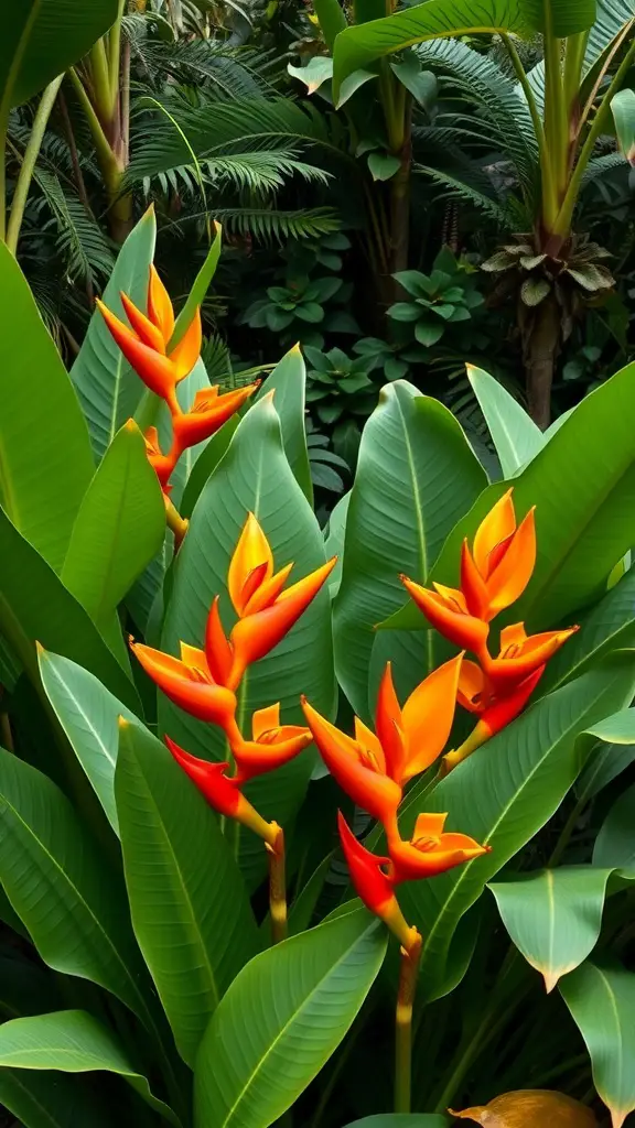 21 Stunning Tropical Garden Plants You Need to Grow 4 Vibrant Heliconia flowers with large green leaves in a tropical garden