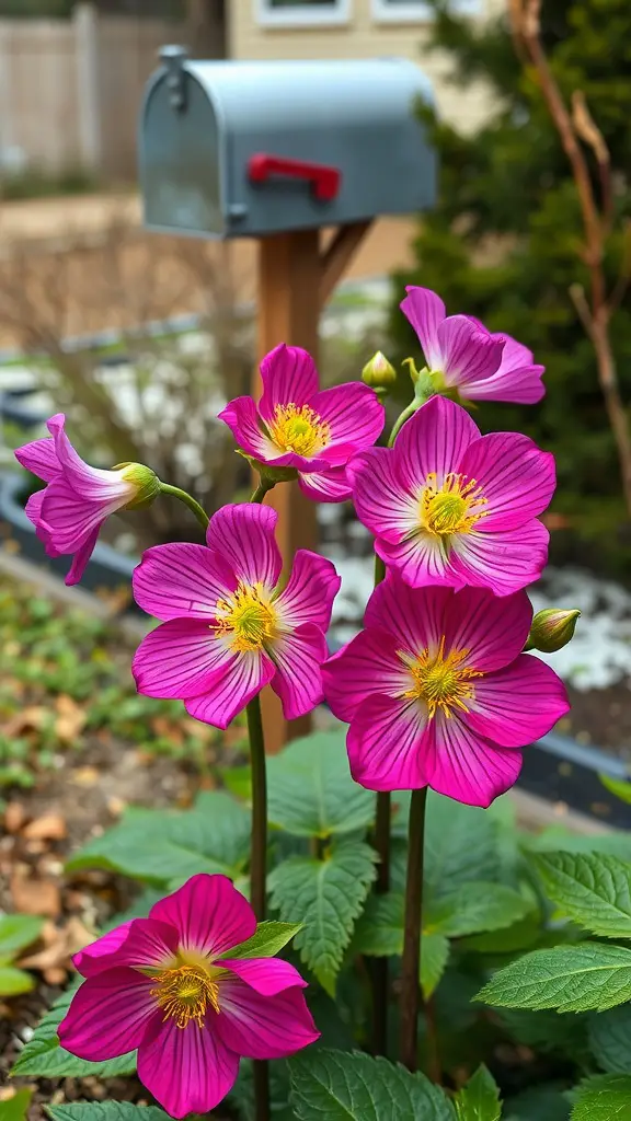 19 Stunning Mailbox Plants to Enhance Your Curb Appeal 7 Pink hellebores flowers beside a grey mailbox