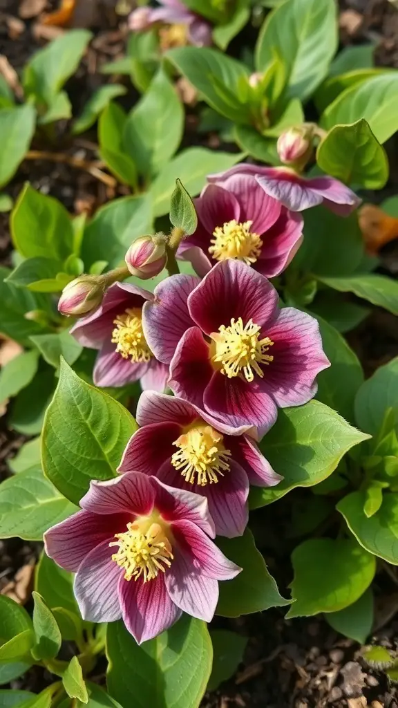 17 Long-Blooming Perennials for a Vibrant Garden Year-Round 14 Close-up of Helleborus flowers in purple and pink with yellow centers surrounded by green leaves