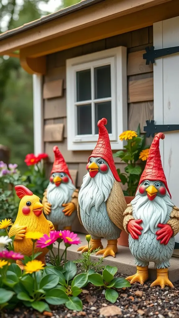 15 Creative Chicken Coop Decor Ideas to Enhance Your Backyard 2 Colorful garden gnomes styled as chickens in front of a henhouse with flowers.