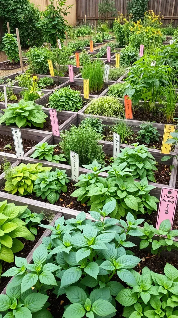 21 Stunning Ideas to Create Your Backyard Oasis 16 A well-organized herb and vegetable garden with various plants in raised beds, each labeled with colorful tags.