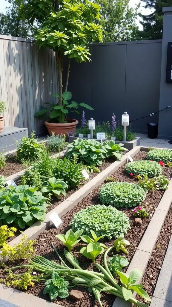A vibrant memorial garden featuring various herbs and vegetables in organized raised beds.
