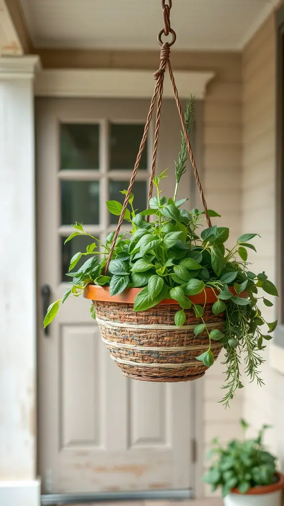 A hanging basket filled with various green herbs, located near a porch door.