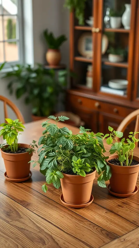 29 Stunning Dining Table Centerpieces for Every Occasion 15 Three pots of herbs on a dining table, showcasing a rustic centerpiece.