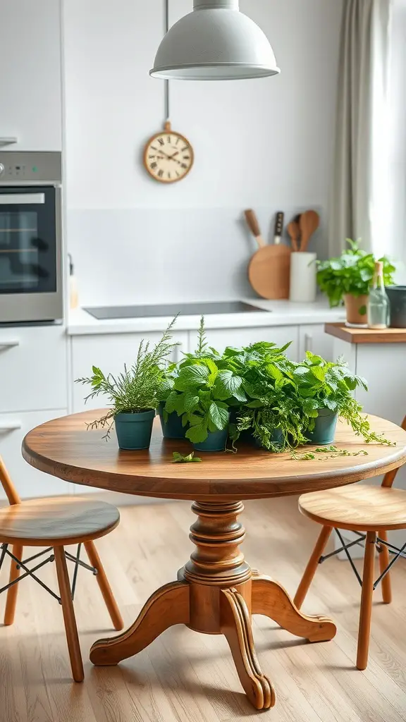 15 Stunning Round Kitchen Table Decor Ideas to Transform Your Space 16 A round wooden kitchen table adorned with potted herbs in small containers, surrounded by two wooden chairs.