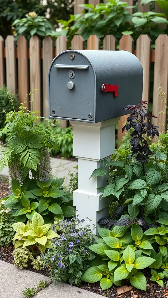 17 Creative Mailbox Landscaping Ideas You’ll Love 11 A mailbox surrounded by lush herbs and plants, creating a beautiful garden setting.
