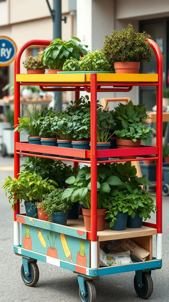 23 Creative Indoor Herb Garden Ideas to Freshen Up Your Space 11 A colorful multi-tiered trolley filled with potted herbs, showcasing a vibrant indoor herb garden setup