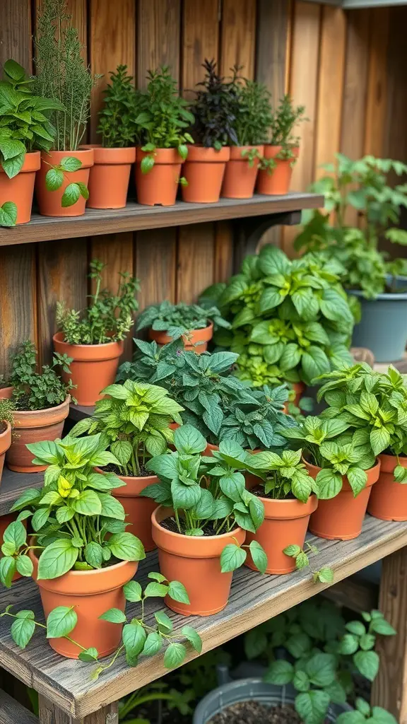 A variety of herbs growing in terracotta pots on wooden shelves.