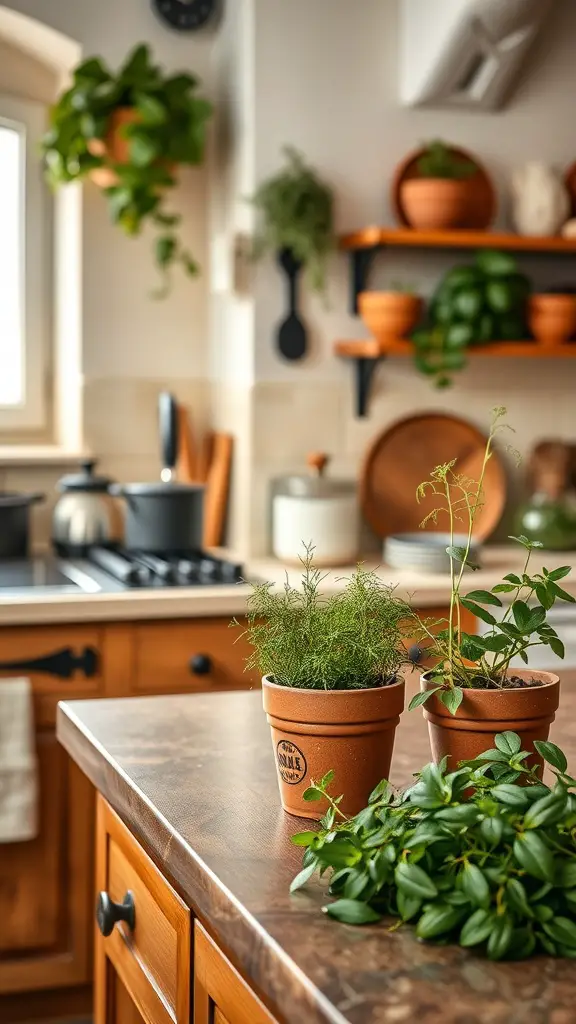 A cozy Tuscan kitchen featuring an herb garden over the counter with terracotta pots and fresh herbs.