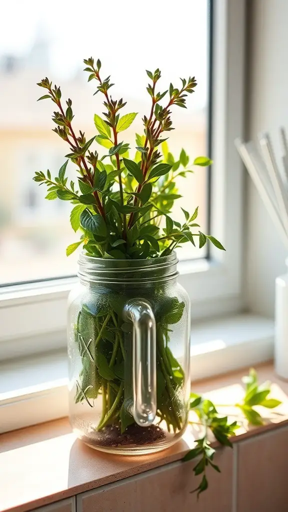 A mason jar filled with fresh herbs, sitting on a windowsill with sunlight streaming in.
