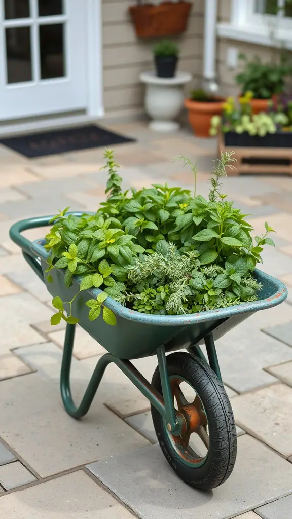 19 Creative Wheelbarrow Planter Ideas for Your Garden 9 A wheelbarrow filled with various herbs sitting on a stone patio.