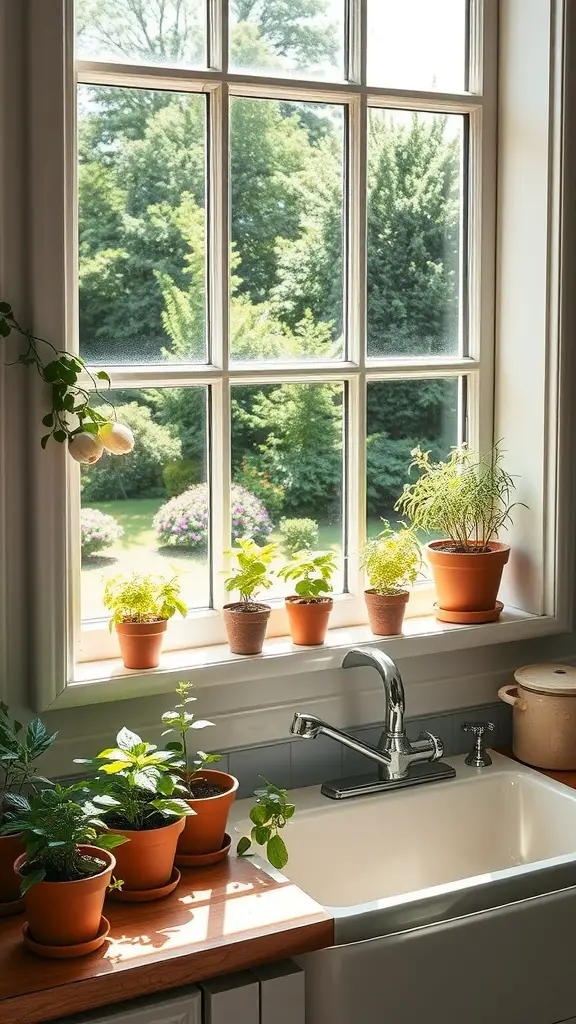 A bright kitchen windowsill filled with small pots of various herbs, showcasing a sunny and inviting atmosphere.