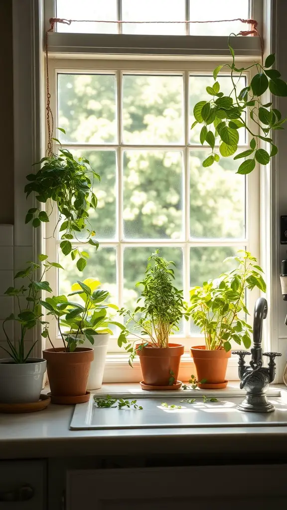 A sunny kitchen windowsill filled with various potted herbs, including basil and mint, next to a kitchen sink.