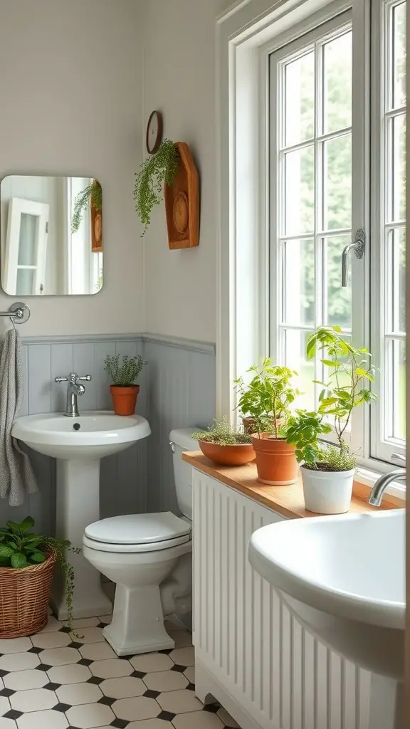 25 Charming Country Bathroom Ideas for a Cozy Retreat 13 A bright bathroom with herb planters on the windowsill, featuring various green plants in terracotta pots.