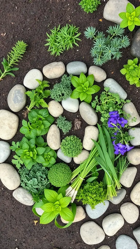 An overhead view of a herb spiral garden design with various herbs and smooth stones.