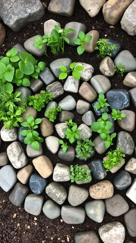 An herb spiral garden with various herbs growing among stones.