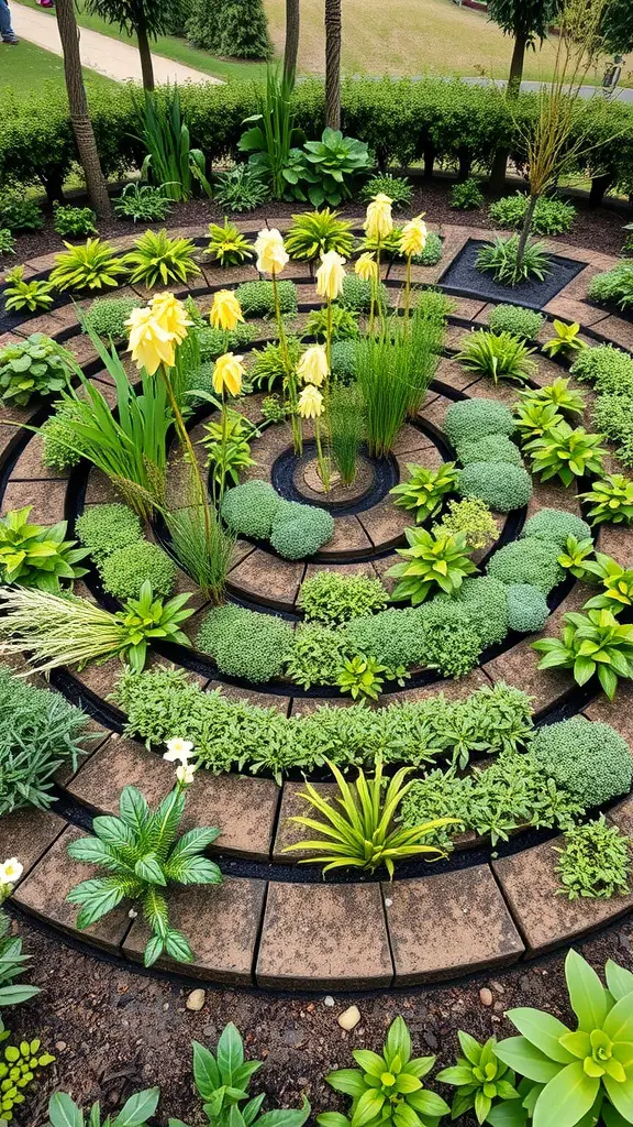 15 Stunning Labyrinth Garden Ideas for Your Outdoor Space 8 A herb spiral labyrinth featuring a spiral layout with various herbs and bright yellow flowers.