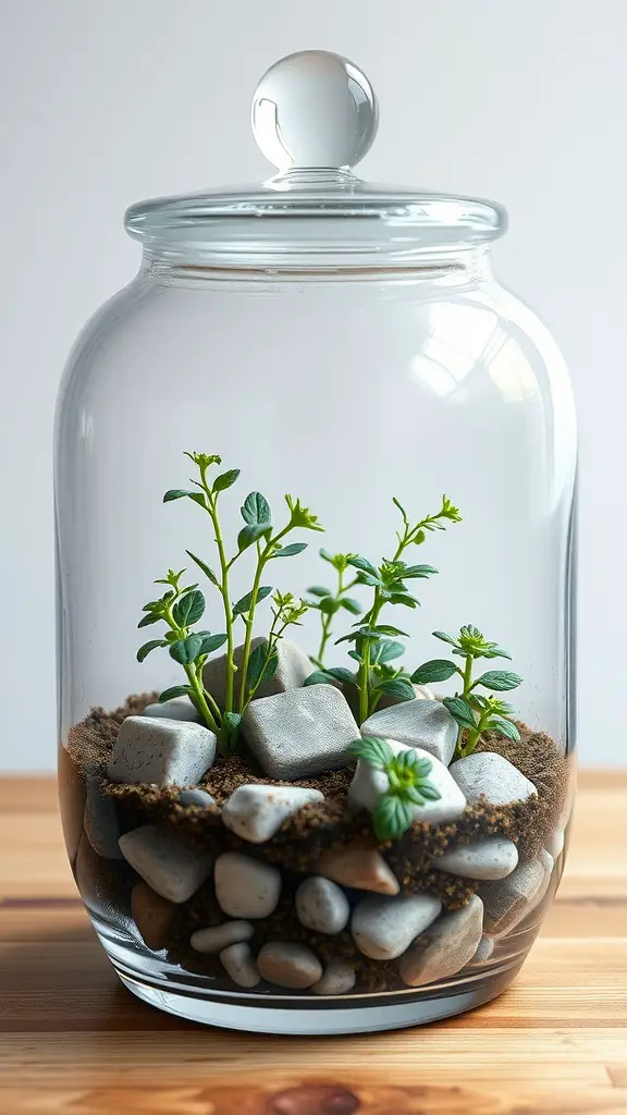 23 Creative Indoor Herb Garden Ideas to Freshen Up Your Space 14 A glass terrarium with herbs, featuring layers of stones and soil.