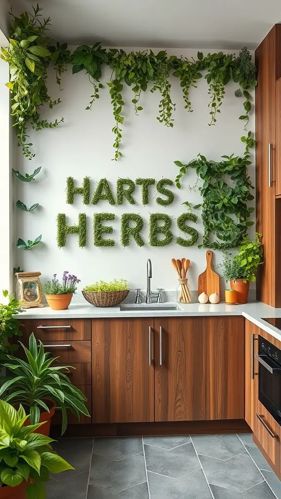23 Creative Indoor Herb Garden Ideas to Freshen Up Your Space 15 A stylish kitchen with a herb wall art installation spelling 'HARTS HERBS' using greenery.