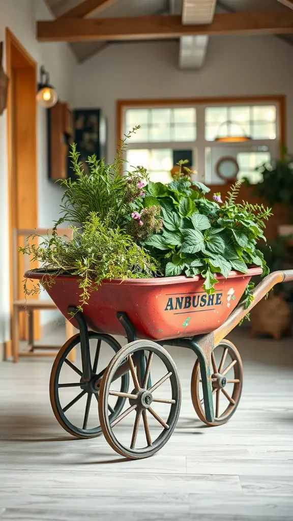 23 Creative Indoor Herb Garden Ideas to Freshen Up Your Space 13 A red wheelbarrow planter filled with various herbs, placed indoors.