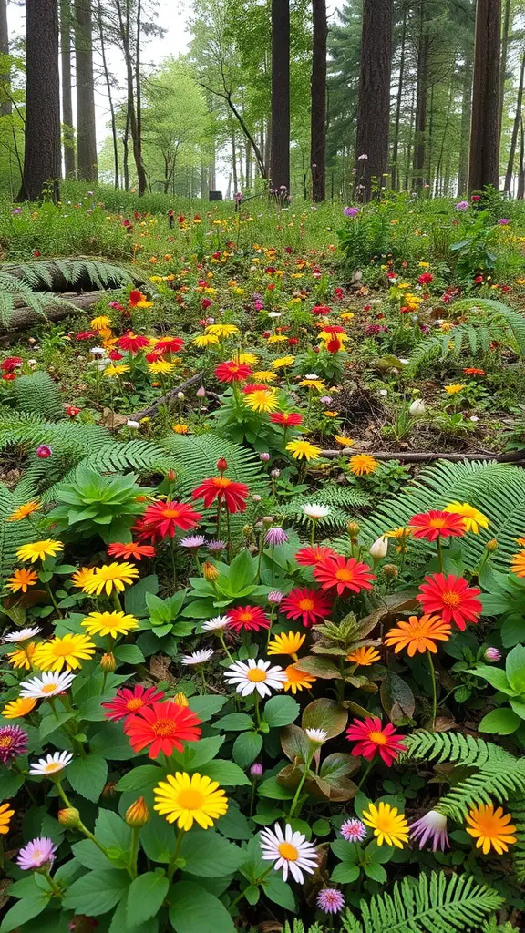 15 Inspiring Forest Garden Ideas for Your Outdoor Space 10 Colorful flowers blooming in a forest garden with greenery and ferns