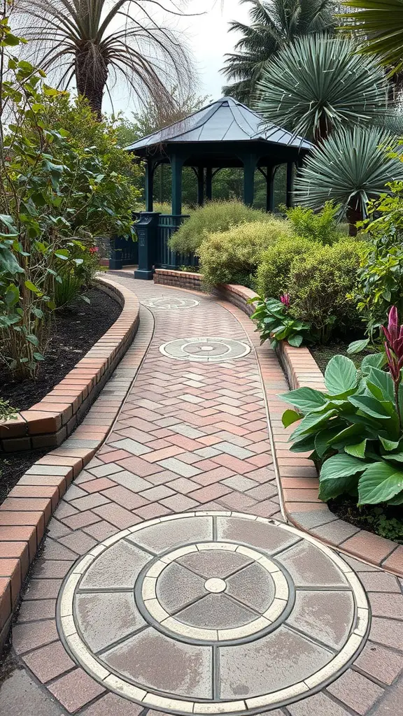 29 Creative Brick Garden Edging Ideas to Transform Your Outdoor Space 8 A garden pathway with a herringbone brick arrangement, surrounded by lush greenery and plants.