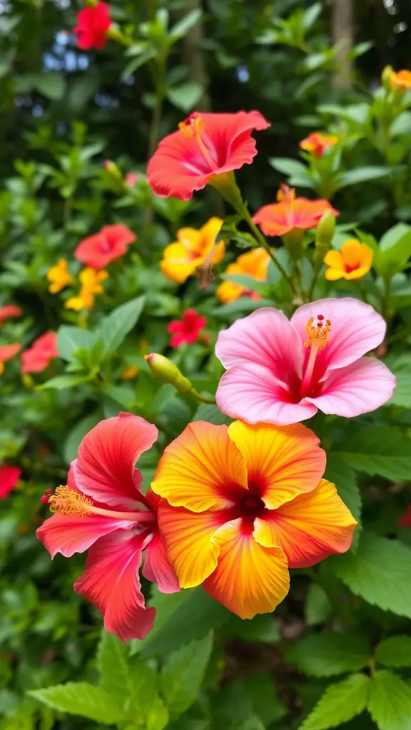 21 Stunning Tropical Garden Plants You Need to Grow 5 Colorful hibiscus flowers in shades of pink, red, and yellow blooming in a tropical garden.