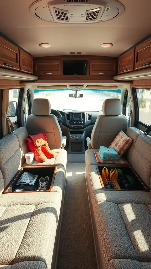 Interior view of an RV with seating that has hidden storage compartments.