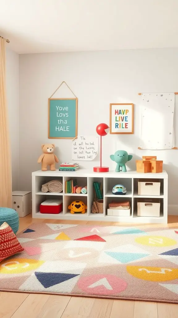 Playroom featuring a colorful rug with shapes, storage shelves, and toys.