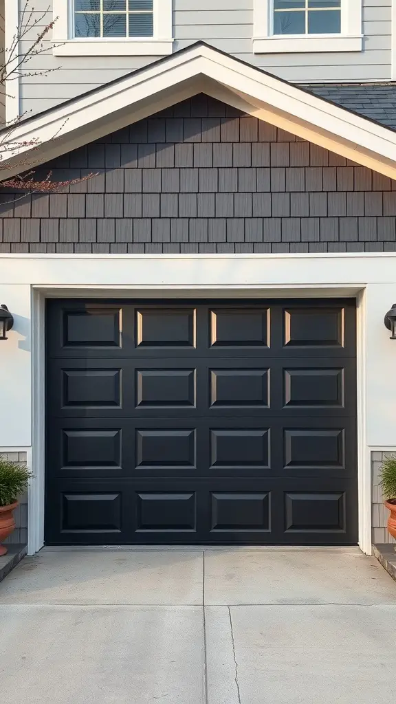A black garage door with white trim and planters on either side.