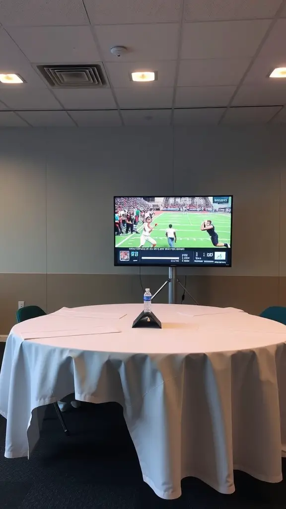 An indoor signing day table setup with a screen displaying sports highlights.
