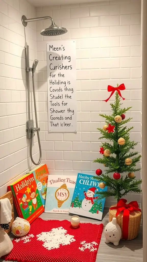 23 Creative Baby Shower Ideas for December Celebrations 13 A cozy holiday storytime corner with a small Christmas tree, colorful children's books, and a knitted rug.