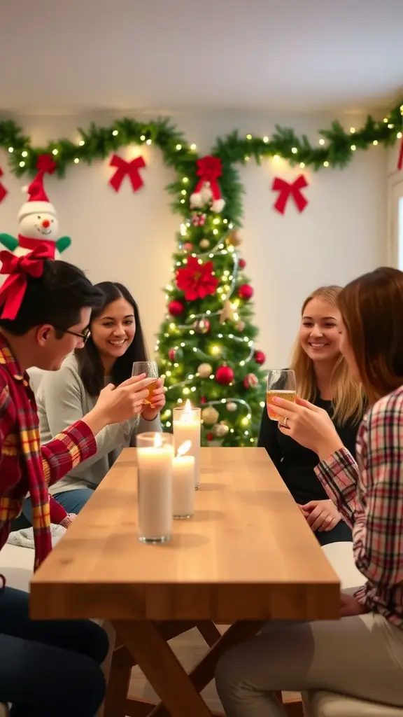 21 Creative Christmas Baby Shower Ideas You’ll Love 5 Friends enjoying a holiday-themed baby shower with drinks and a decorated Christmas tree.