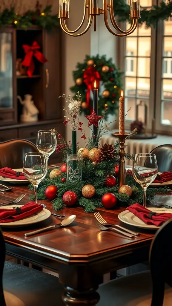 29 Stunning Dining Table Centerpieces for Every Occasion 7 A holiday themed dining table centerpiece featuring red and gold ornaments, candles, and greenery.