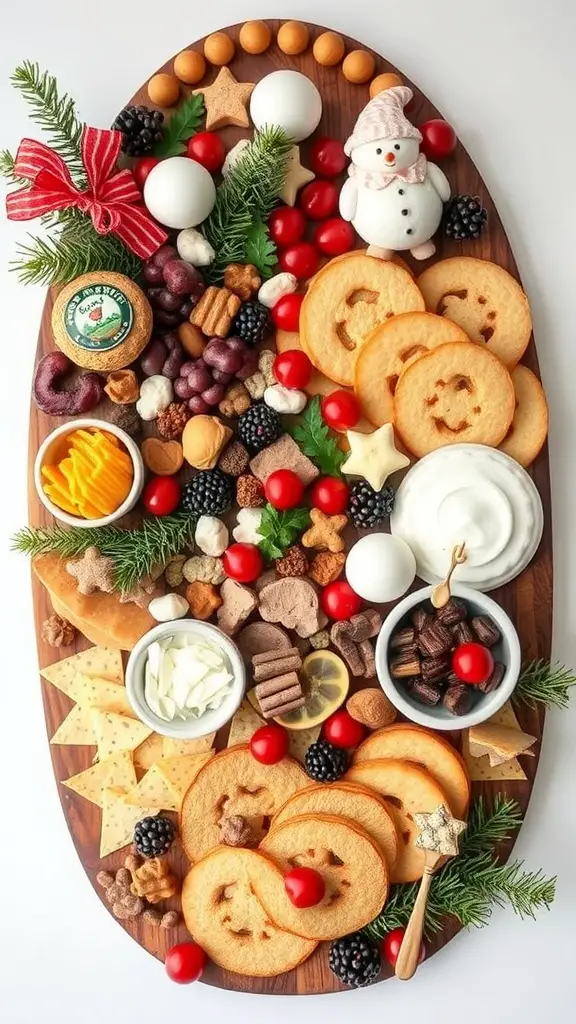 21 Stunning Grazing Table Ideas for Your Next Celebration 14 A holiday-themed grazing board with a variety of snacks including cookies, fruits, cheese, and a snowman decoration.