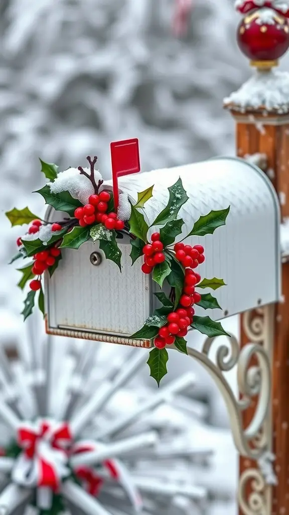 A mailbox decorated with holly and red berries, covered in snow, with a festive red flag