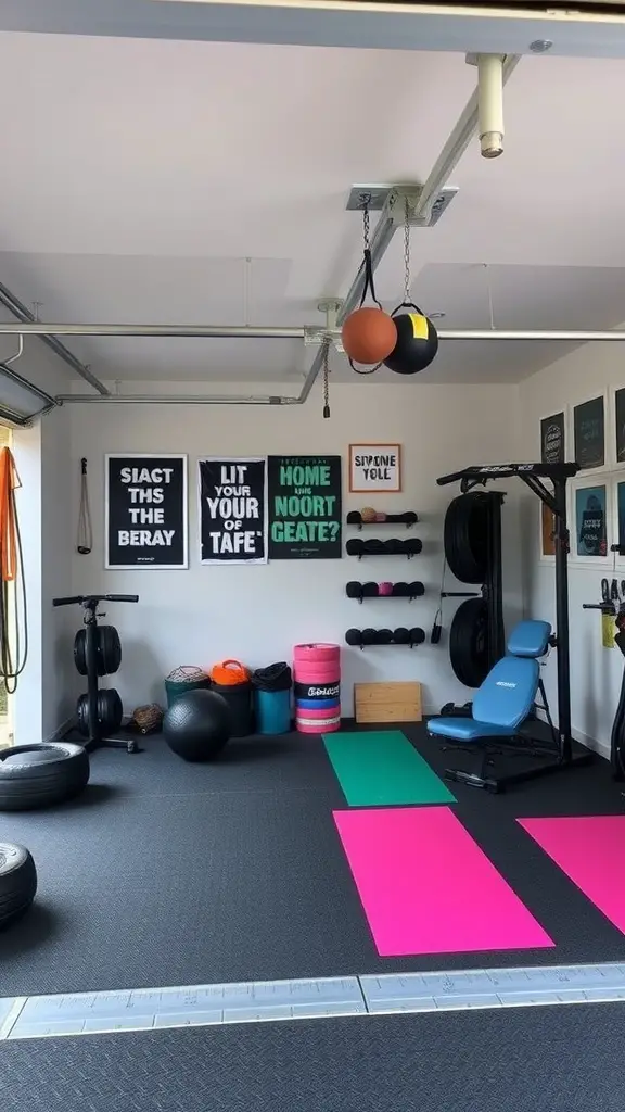 27 Creative Garage Hangout Ideas for Ultimate Chill Time 2 A vibrant home gym setup in a garage with workout equipment and colorful mats.