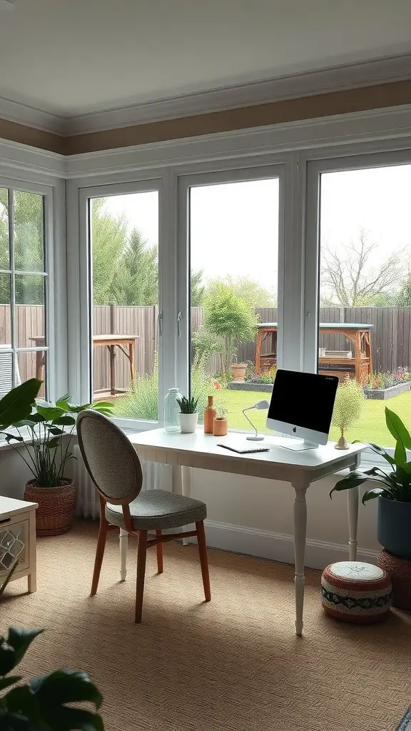 19 Stunning Indoor Sunroom Ideas You’ll Love 12 Bright home office with a view of a garden, featuring a white desk, chair, and plants.