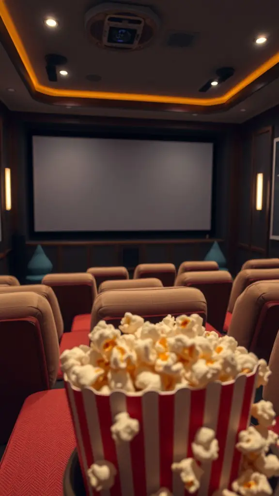 27 Creative Hangout Room Ideas for Your Space 8 Cozy home theater with plush seating, a projector, and a bucket of popcorn.
