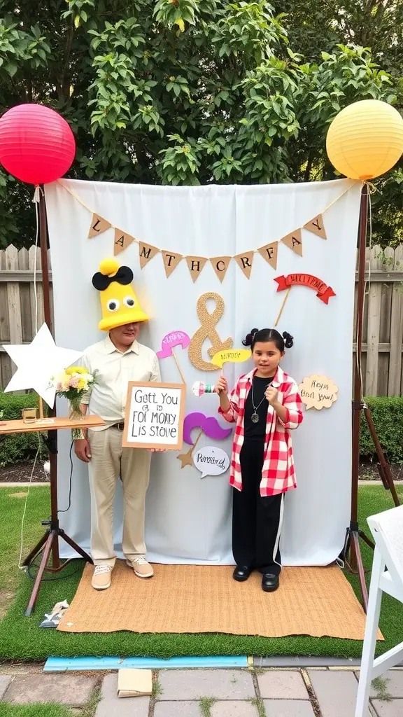 21 Affordable and Creative Backyard Wedding Ideas 6 A lively homemade photo booth with kids holding props, bright lanterns above, and a fun backdrop.