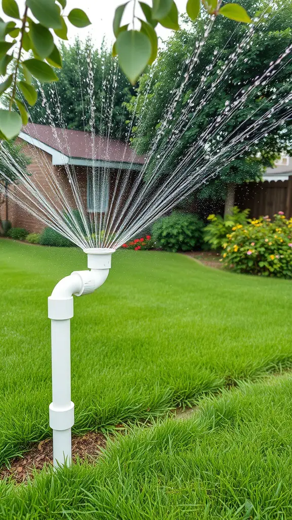 15 Creative Garden Irrigation Ideas for a Thriving Garden 5 A homemade sprinkler system made of PVC pipes spraying water in a garden.