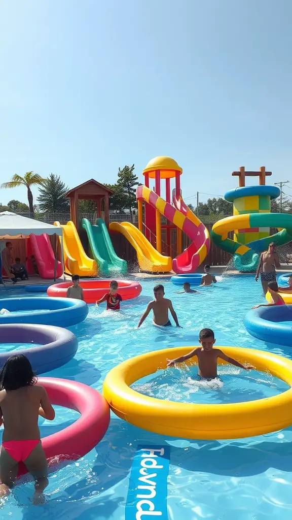 13 Creative Yard Ideas for Kids to Explore and Enjoy 7 Kids enjoying a colorful water play area with inflatable rings and slides