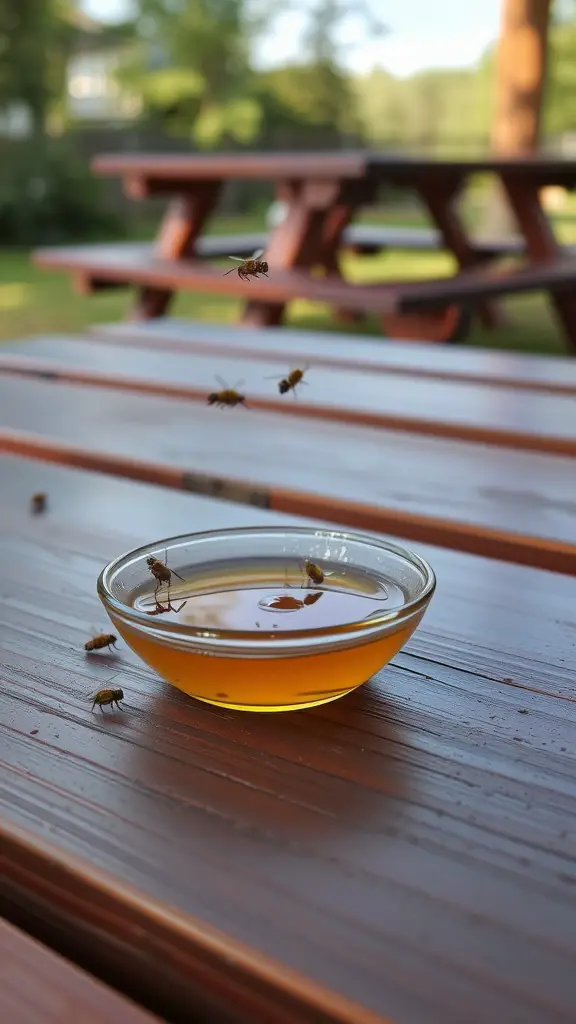 A bowl of honey and water on a wooden table, with fruit flies hovering around it.