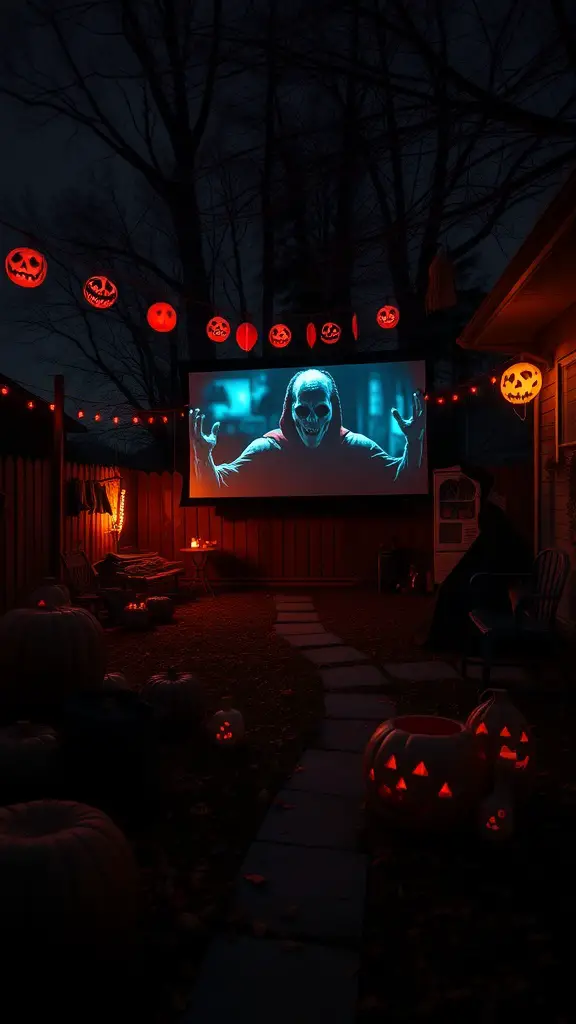 15 Creative Outdoor Movie Night Ideas for Unforgettable Evenings 15 Backyard setup for a horror movie night with carved pumpkins and spooky decorations