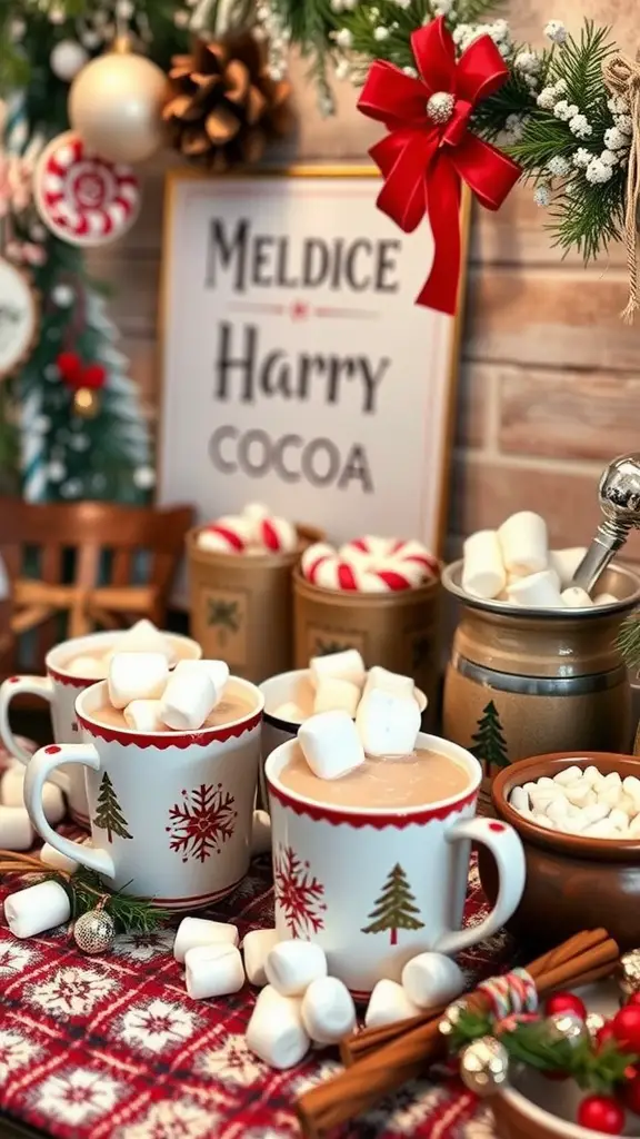 A festive hot cocoa bar with mugs, toppings, and decorations.
