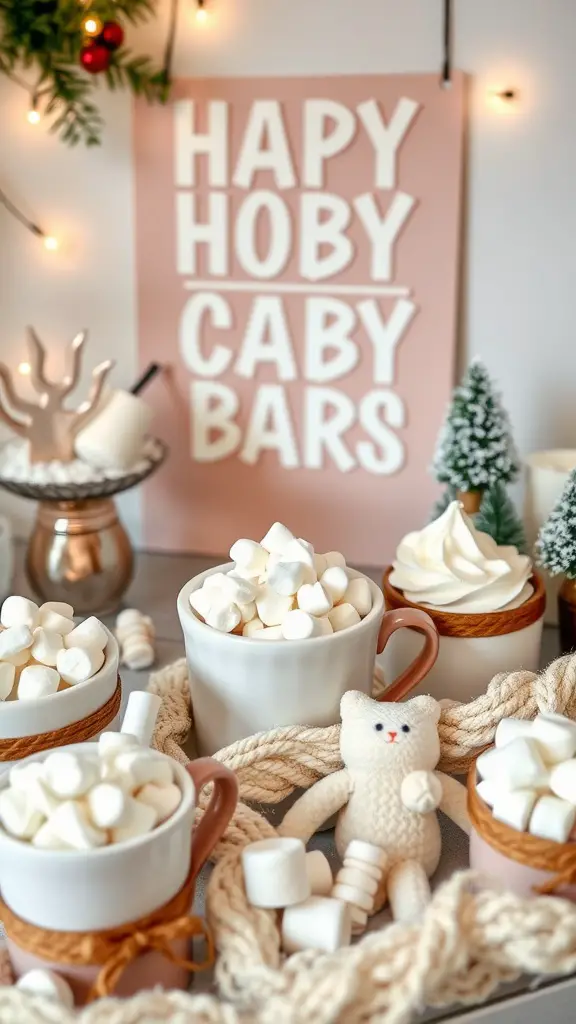 21 Creative Christmas Baby Shower Ideas You’ll Love 7 A cozy hot cocoa bar with mugs of marshmallows, a teddy bear, and festive decorations.